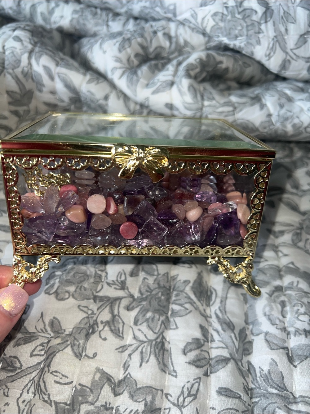 Gold Glass Jewelry Box with Purple and Pink Decorative Stones